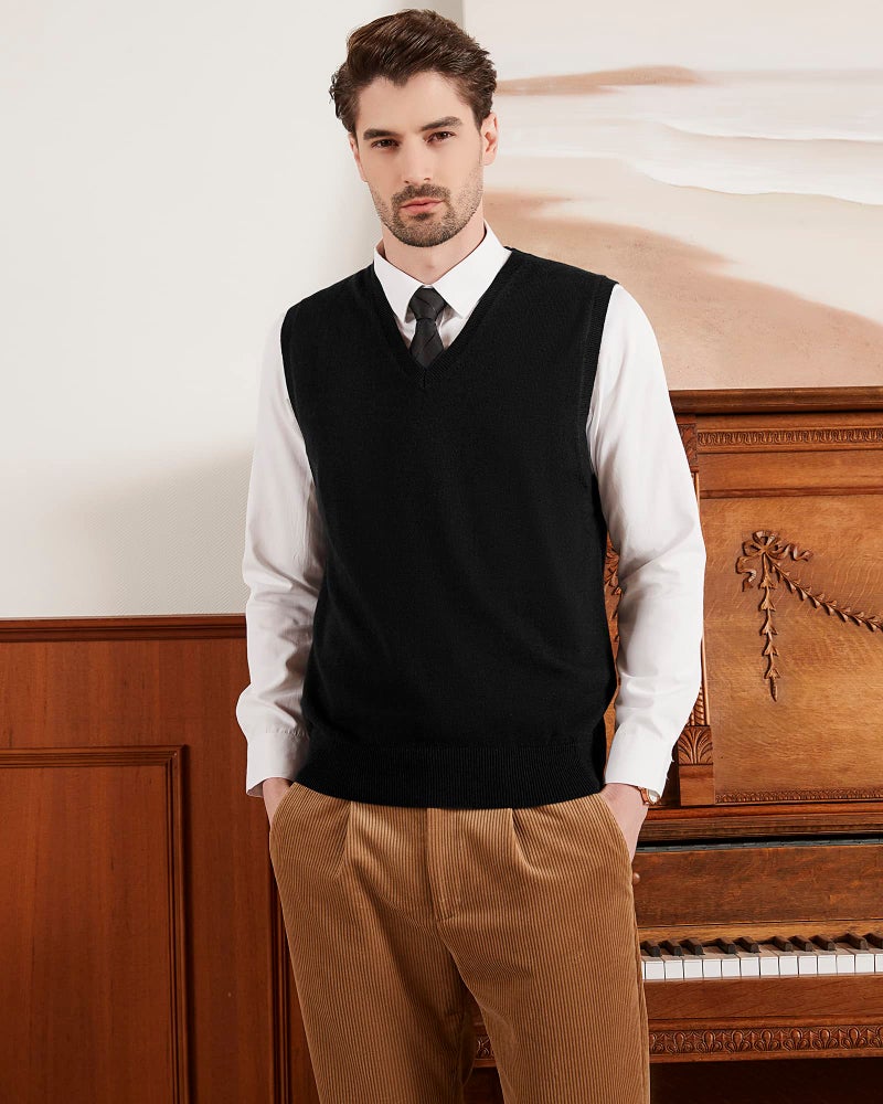 Kallspin Men's Wool Blended Vest Sweater Relaxed Fit V Neck Sleeveless Knitted Pullover (Black, 2X-Large) - Image 2